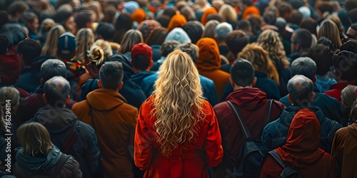 Lone Blonde Woman Standing Out in a Vast Crowd of People Her Vibrant Attire and Confident Posture Making Her the Focal Point of the Captivating Scene photo