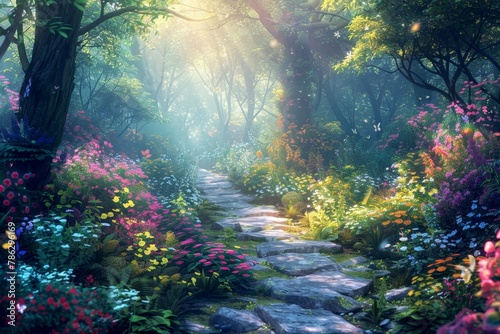 A stone pathway in a lush, magical forest, bathed in soft sunlight filtering through the trees, surrounded by vibrant, colorful flowers. © Irina