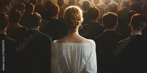 Blonde Woman in White Dress Stands Alone Amid Formal Crowd