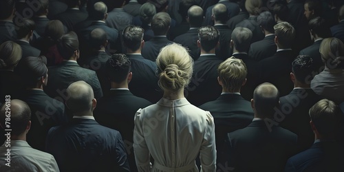 Solitary Blonde Woman in a White Dress Amidst a Crowd of Formal Suited Individuals Embodying the Essence of Individuality