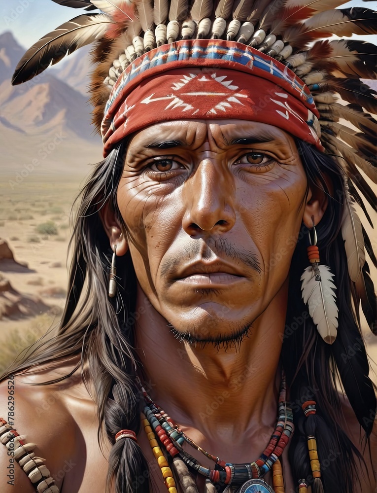 Stoic Apache Man with Traditional Headwear in Desert Landscape Stoic Apache Man with Traditional Headwear in Desert Landscape