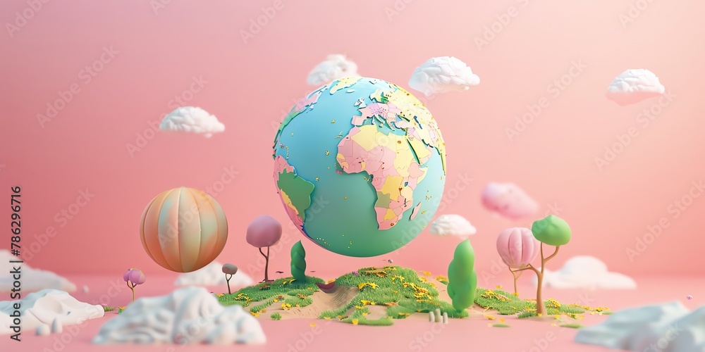 3D render, illustration 16K cute landscape, earth day , gradient green and pastel color  background
