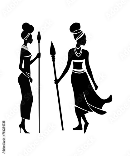 Silhouettes of black skinned African women standing, vector design featuring the culture of Africa.