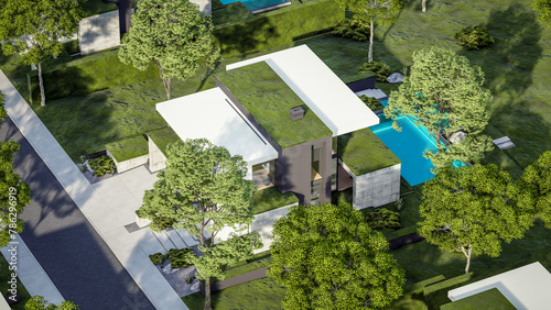 3d rendering of flat roof house with parking and pool for sale or rent with concrete facade and beautiful landscaping on background. Clear sunny summer day with blue sky.