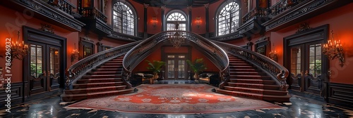 Luxurious Ascent: Elegant Spiral Staircase in Grand Mansion Adorned with Opulent Carpets and Ornate Banisters