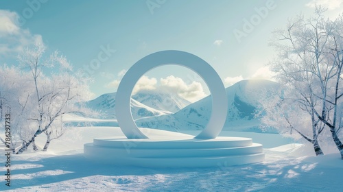 Sculptural winter scene in natural light with an arch and podium. Minimal background. Surreal background. 3D render.