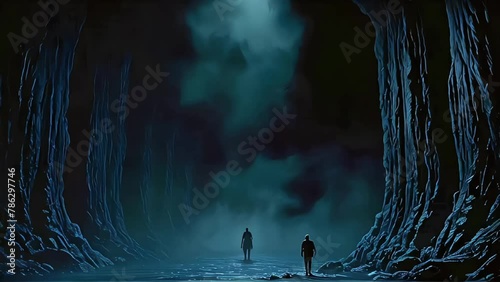 Silhouette two Person standing alone on lake with spooky night and hill arround photo