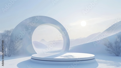 Geometric winter scene with an arch and podium. Surreal background. Atmosphere is minimal.