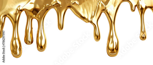 Abstract liquid gold drip isolated on white or transparent background