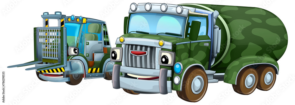 Fototapeta premium cartoon scene with two military army cars vehicles theme isolated background illustration for children