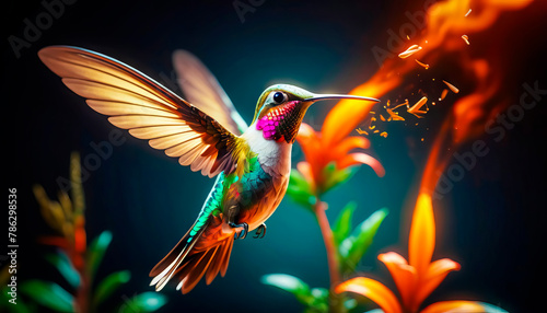 bright hummingbird bird over a flower on a dark background © abrilla