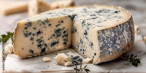 Whole and cut wheels of blue cheese with fresh herbs