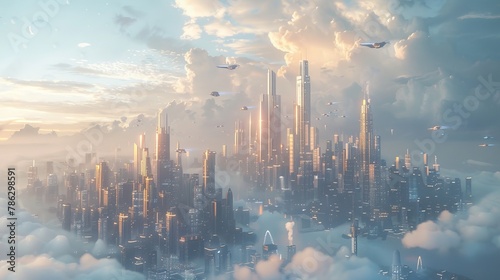 A future city skyline panorama in 3D. Concept illustration of skyscrapers, towers, tall buildings, and flying vehicles. A panoramic view of a megapolis town with a backdrop of a big sky. photo