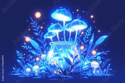 Glowing mushrooms in the dark, fantasy illustration 