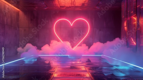 A futuristic modern stage with glowing neon heart shapes and clouds. 3D render.