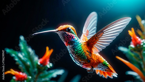 Fototapeta Naklejka Na Ścianę i Meble -  bright hummingbird bird over a flower on a dark background