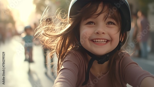 Happy child riding bike wearing helmet on city street