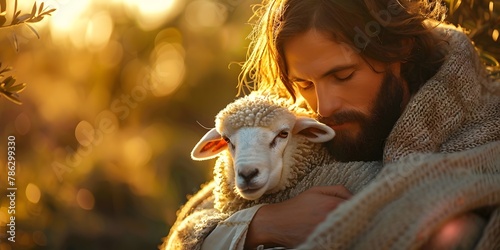 A Shepherd s Embrace A Man Holding a Lamb in a Warm Soft Focused Moment of Love and Compassion photo