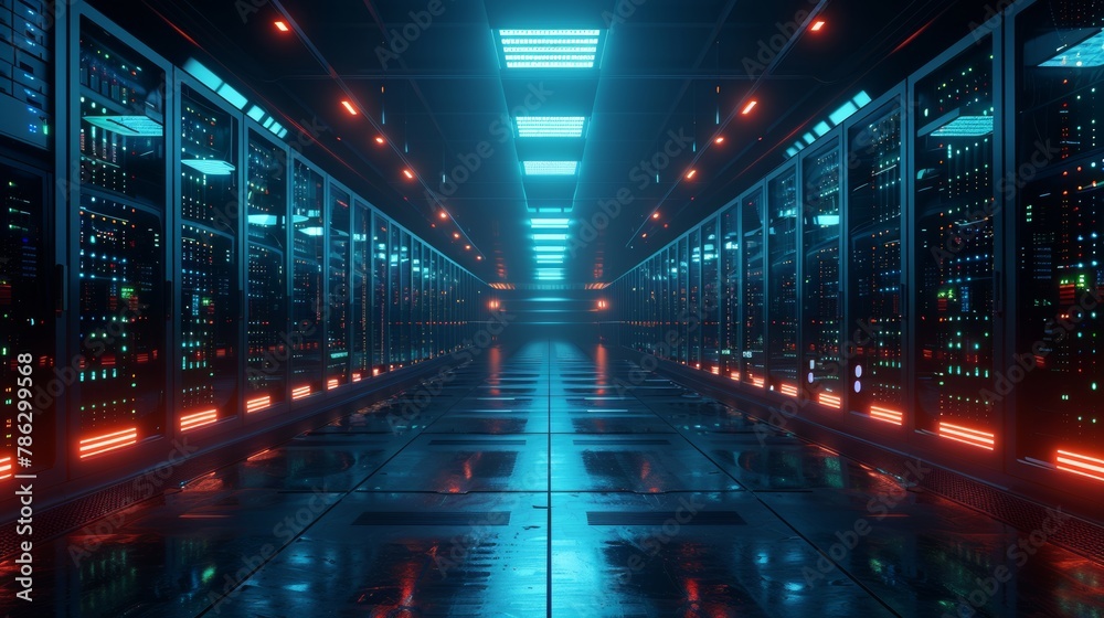 Computers and lights in a high-tech data center.