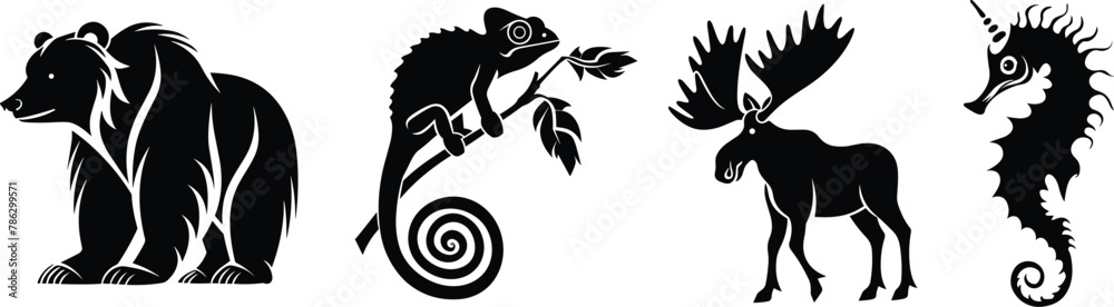 Set wild animals, bear, chameleon, moose and sea horse, vector illustration.