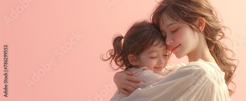 Happy mother and daughter in pink on a pastel background with copy space, happy mom and child hugging
