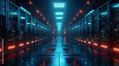 Computers and lights in a high-tech data center.