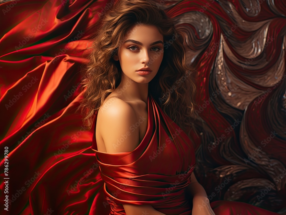 Woman in red dress against red wall, portrait