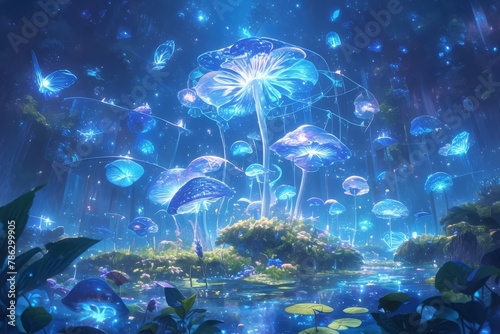 Illustrate an enchanting scene of glowing mushrooms in the dark, creating mystical patterns and casting ethereal light on their surroundings. 