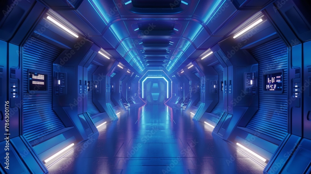 3D rendering of an illuminated corridor interior concept. Abstract sci-fi spaceship interior. A futuristic design spaceship interior on a blue background.