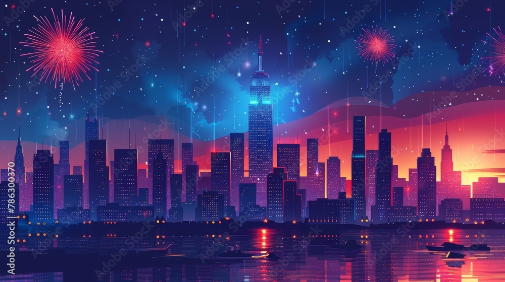 City night scene with fireworks