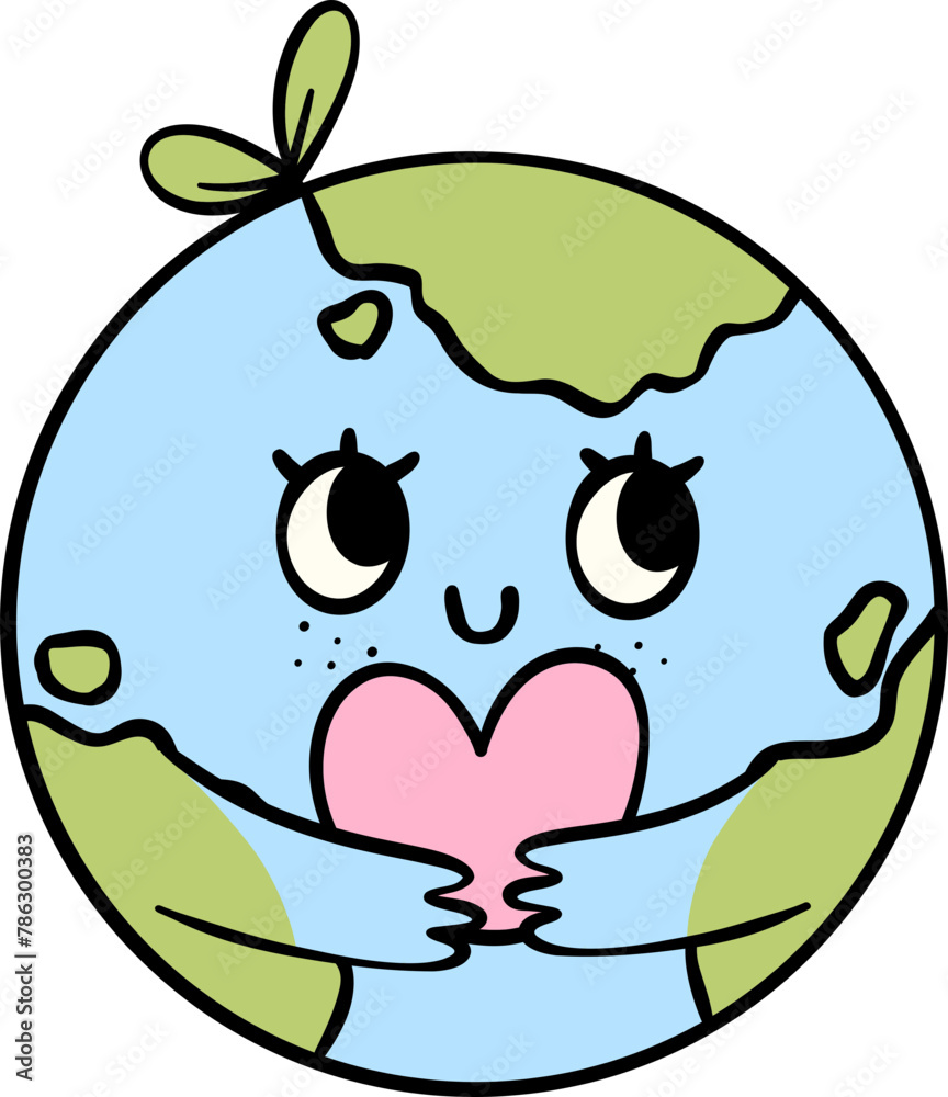 Retro Earth Day planet with heart Pastel Doodle Drawing Cartoon  - obrazy, fototapety, plakaty 