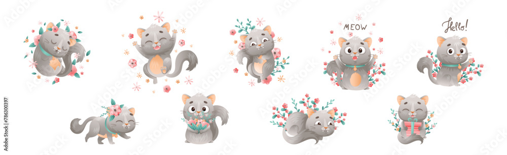 Obraz premium Cute Grey Kitten with Pretty Snout with Flowers Vector Set