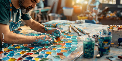 Artisans creating art from upcycled materials in a studio filled with natural light, casting soft shadows on the colorful mosaics made from recycled glass. , natural light, soft sh