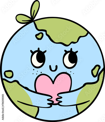 Retro Earth Day planet with heart Pastel Doodle Drawing Cartoon 