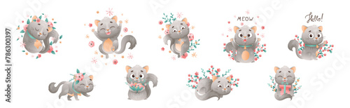 Cute Grey Kitten with Pretty Snout with Flowers Vector Set