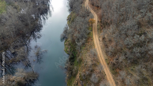 esla river from drone in winter morning next to road