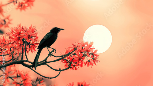 Illustration of erythrina red flowers and a black single asian koel bird with sunset copy space background. photo