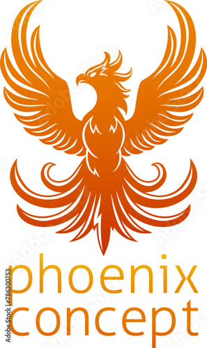 A phoenix fire bird from mythology rising with its wings spread