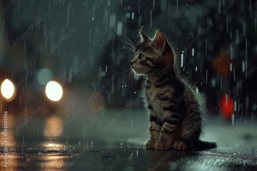 Lonely stray kitten seeking shelter in the rain, hoping for pet adoption, rescue, and charity help - obrazy, fototapety, plakaty 