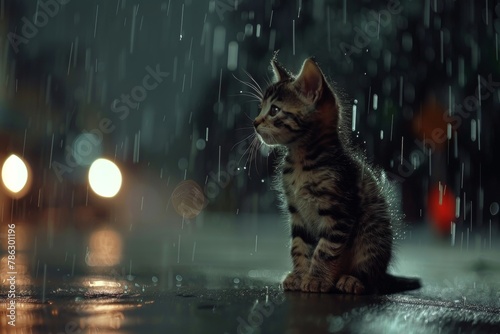 Lonely stray kitten seeking shelter in the rain, hoping for pet adoption, rescue, and charity help photo