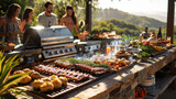 Friends gathered around a patio BBQ grill. The grill overflows with an assortment of delicious burgers, ribs bursting with flavor, and an array of baked potatoes.	