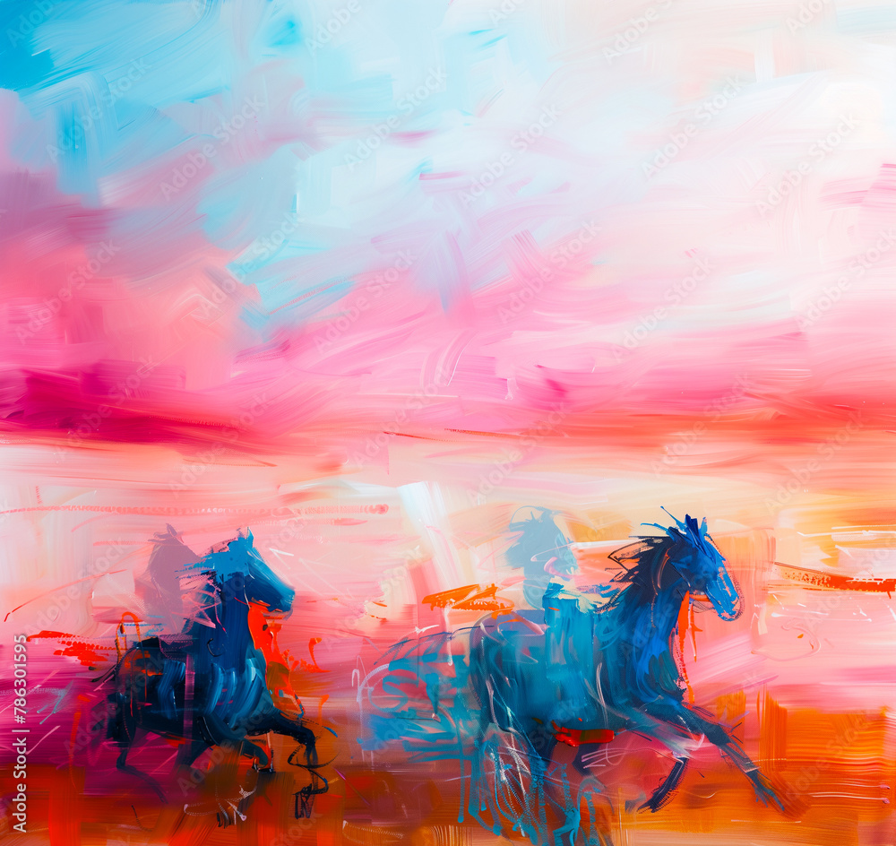 Fast galloping horse riders, sunset sky.. Abstract acrylic dynamic paint brush strokes texture in pink, blue and white color. Square action banner with copy space for web mobile social network add