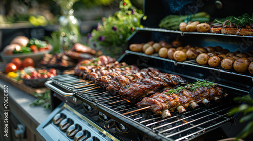 Friends gathered around a patio BBQ grill. The grill overflows with an assortment of delicious burgers, ribs bursting with flavor, and an array of baked potatoes.	 photo