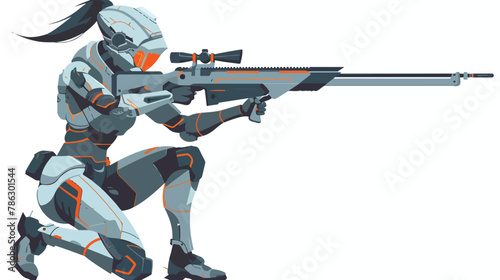 Female sniper shooter in robot outfit flat vector isolated photo