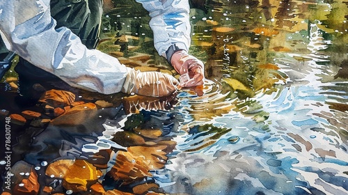 Watercolor, Stream water testing, close up, scientistâ€™s hands, pristine stream  photo