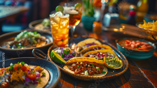 Authentic Mexican Tacos: Vibrant Image of Traditional Tacos with Fresh Ingredients and Colorful Salsas. Generative AI.