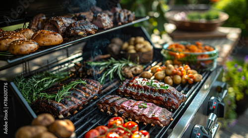 Friends gathered around a patio BBQ grill. The grill overflows with an assortment of delicious burgers, ribs bursting with flavor, and an array of baked potatoes.  © steve