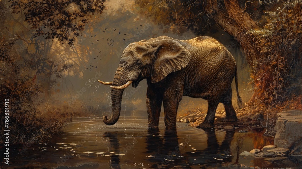 Obraz premium An elephant quenching its thirst from a reservoir