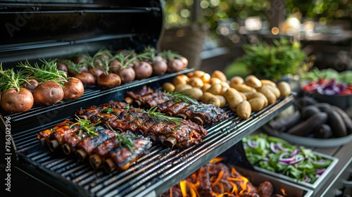 Friends gathered around a patio BBQ grill. The grill overflows with an assortment of delicious burgers, ribs bursting with flavor, and an array of baked potatoes.	
