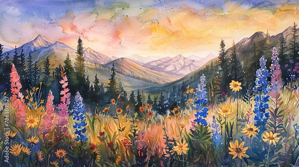 Alpine meadow in watercolors, wildflowers, mountain backdrop, golden hour  - obrazy, fototapety, plakaty 